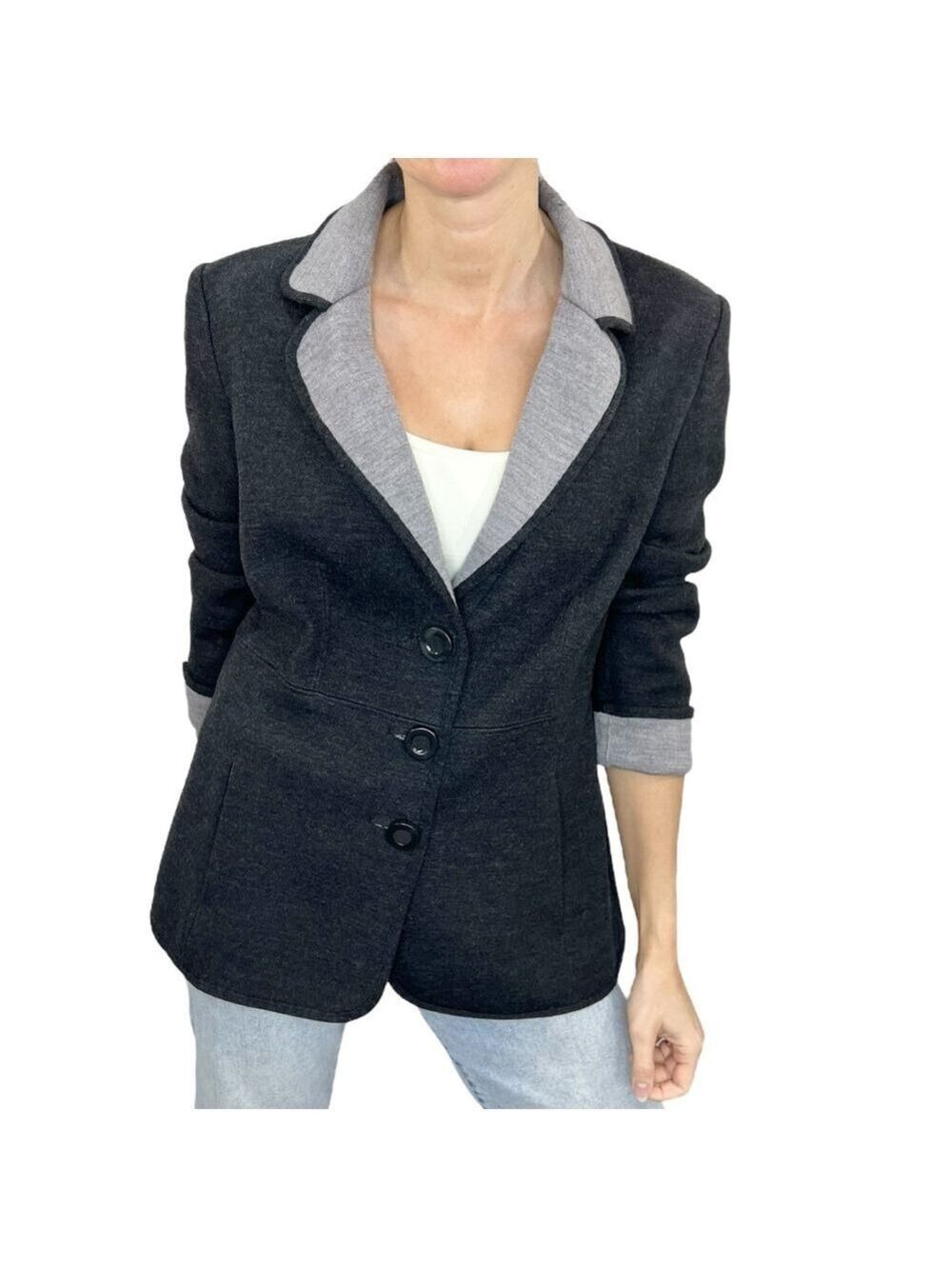 LUISA SPAGNOLI Italy black grey wool knit jacket blazer L